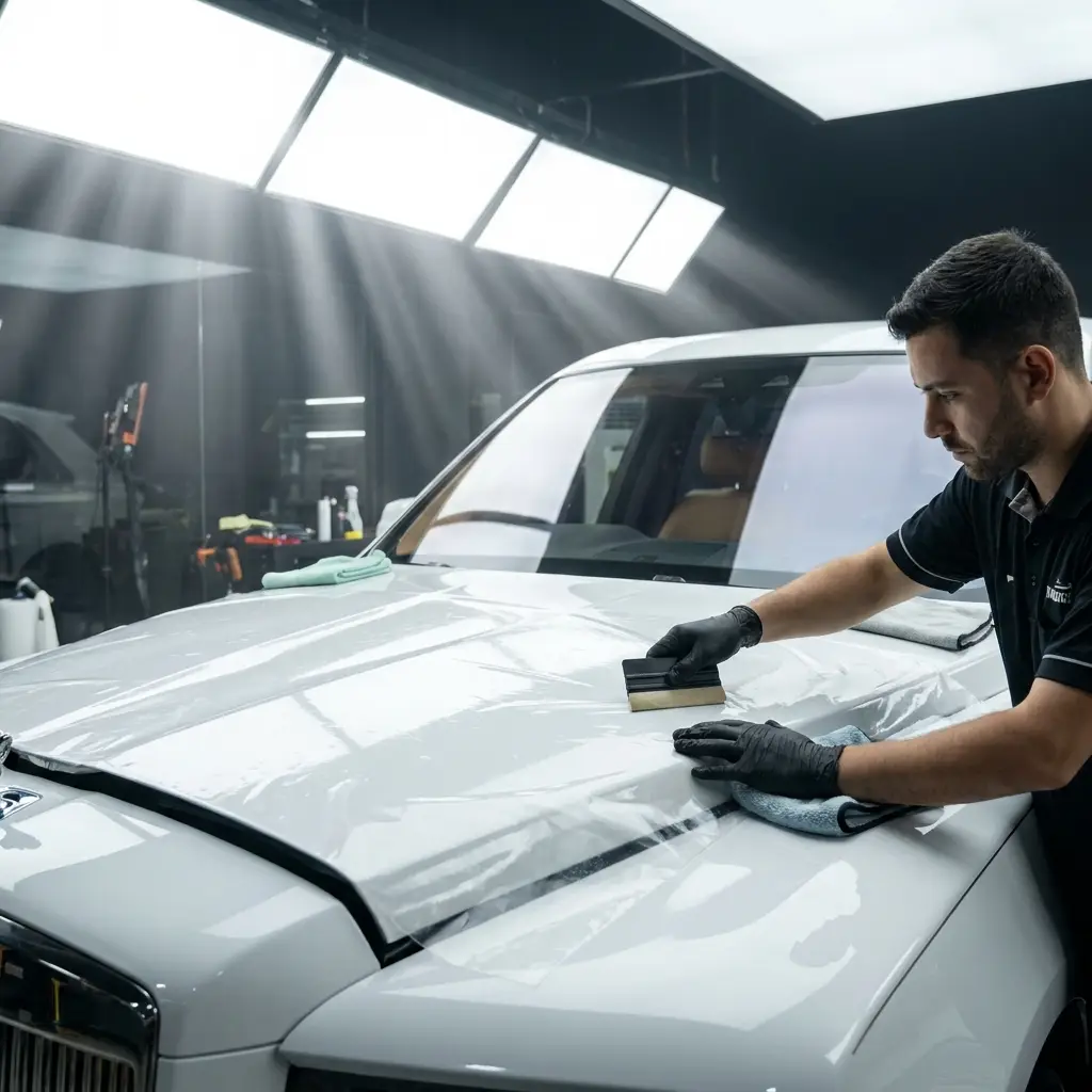 Technician applying front-end PPF on a luxury SUV bonnet