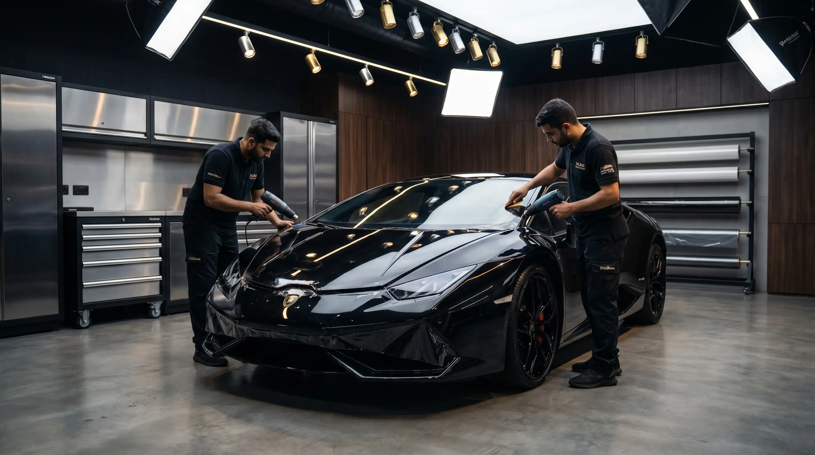 Luxury black supercar with paint protection film applied in a premium Dubai detailing studio